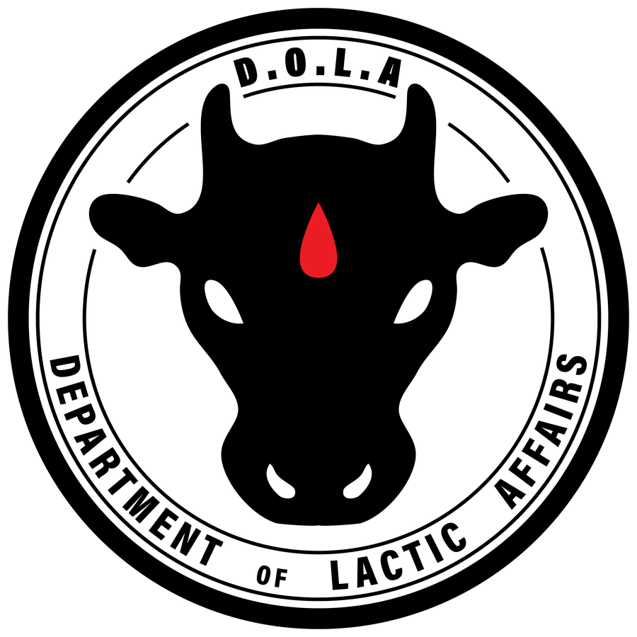Department of Lactic Affairs seal: a black cow's head with a red drop on its forehead.